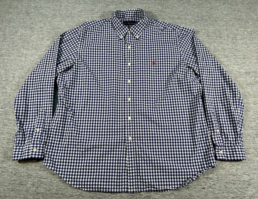 Ralph Lauren Shirt Mens XXL Blue White Plaid Long Sleeve Cotton Button-Up